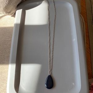 Long Silver Chain Necklace with Blue Stone and Blue Bead Earrings